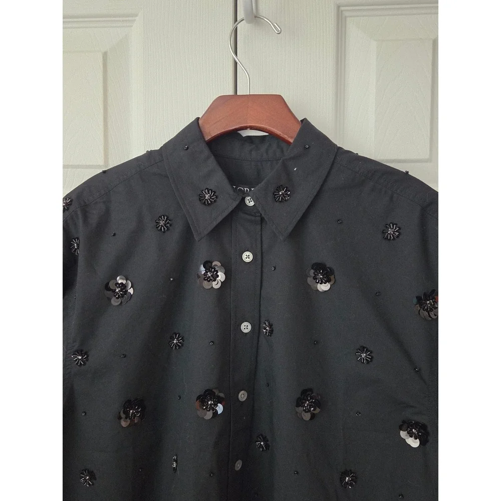 J. Crew Etienne Cropped Button Up Shirt‎ Poplin Embellished XS Black NWT CP675